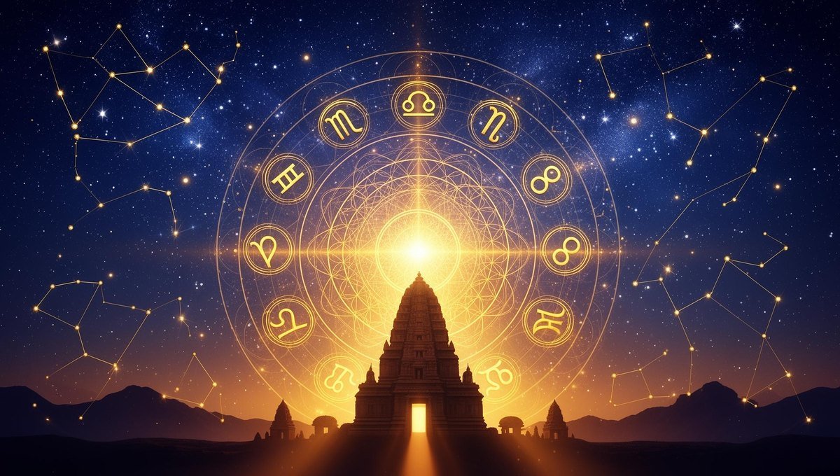 Vedic zodiac wheel over temple at cosmic dawn